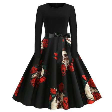 Usupdd Fall Dresses for Women 2292 Women Retro Print Patchwork Long Sleeve Evening O-Neck Party Prom Vintage Dress Female Casual Dress WCC220913-271