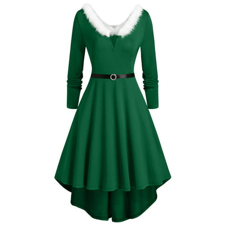 Fall Dresses for Women Clearance Plus Size Dress Solid Long Sleeve Christmas Furry V-Neck Draw Back Swing Dress