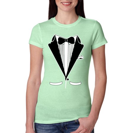 Wild Bobby  Classic Funny Black and White Tuxedo with Bowtie  Humor  Women Slim Fit Junior Tee  Mint  Small