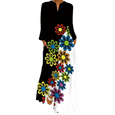 Fall Dresses for Women Clearance Digital Printed Long Dress V-neck with Pockets Long Sleeve Dress