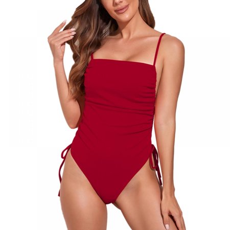 Women One-Piece Swimsuit Square Collar Suspender Swimwear Summer Beach Swimwear Solid Color Bikini Female Swimsuit Side Drawstrings Design Swim Suit