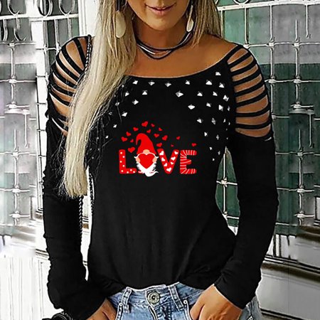 Tokmisa CO303 Women S Tops Sexy Off Shoulder Valentine S Day Printed Long Sleeve Hollow Out O-Neck T-shirt Blouse Shirt #3323