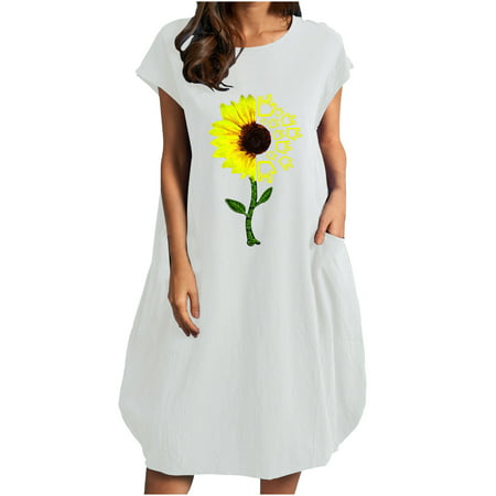 Usupdd Long Sleeve Dress for Women Fashion Women Casual O- Neck Sunflower Print Plus Size Pocke WLL221007-1136