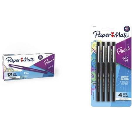 Paper Mate Flair Felt Tip Pens  Medium Point (0.7mm)  Purple  12 Count & Flair Felt Tip Pens  Medium Point (0.7mm)  Black  4 Count