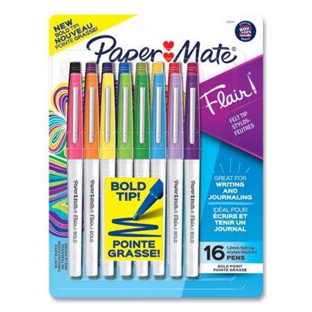 Paper Mate-1PK Flair Felt Tip Porous Point Pen  Stick  Bold 12 Mm  Assorted Ink Colors  White Pearl Barrel  16-pack