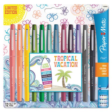 Paper Mate-1PK Point Guard Flair Felt Tip Porous Point Pen  Stick  Medium 0.7 Mm  Assorted Tropical Vacation Ink and Barrel Colors  Dozen