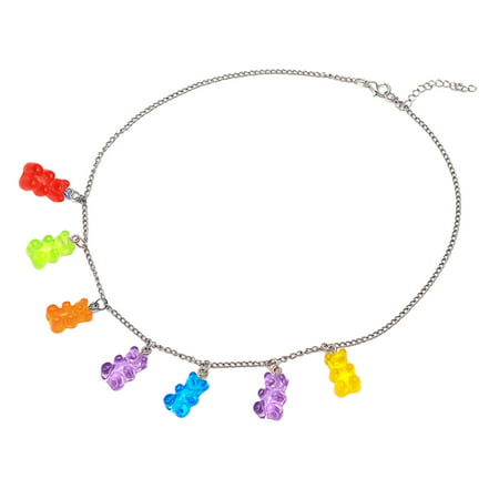 TINYFULL Colorful Resin Gummy Bear Pendant Necklace Cute Transparent Rainbow Candy Color Bear Chain Necklace Lovely Party Jewelry
