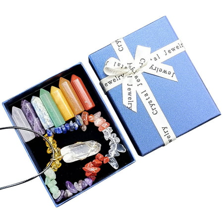 DDgui New Fashion Natural Crystal Jade Colorful Stone Hexagonal Column Set Amethyst Crushed Stone Bracelet Stone Pendant Combination Gift Box DDgui LA