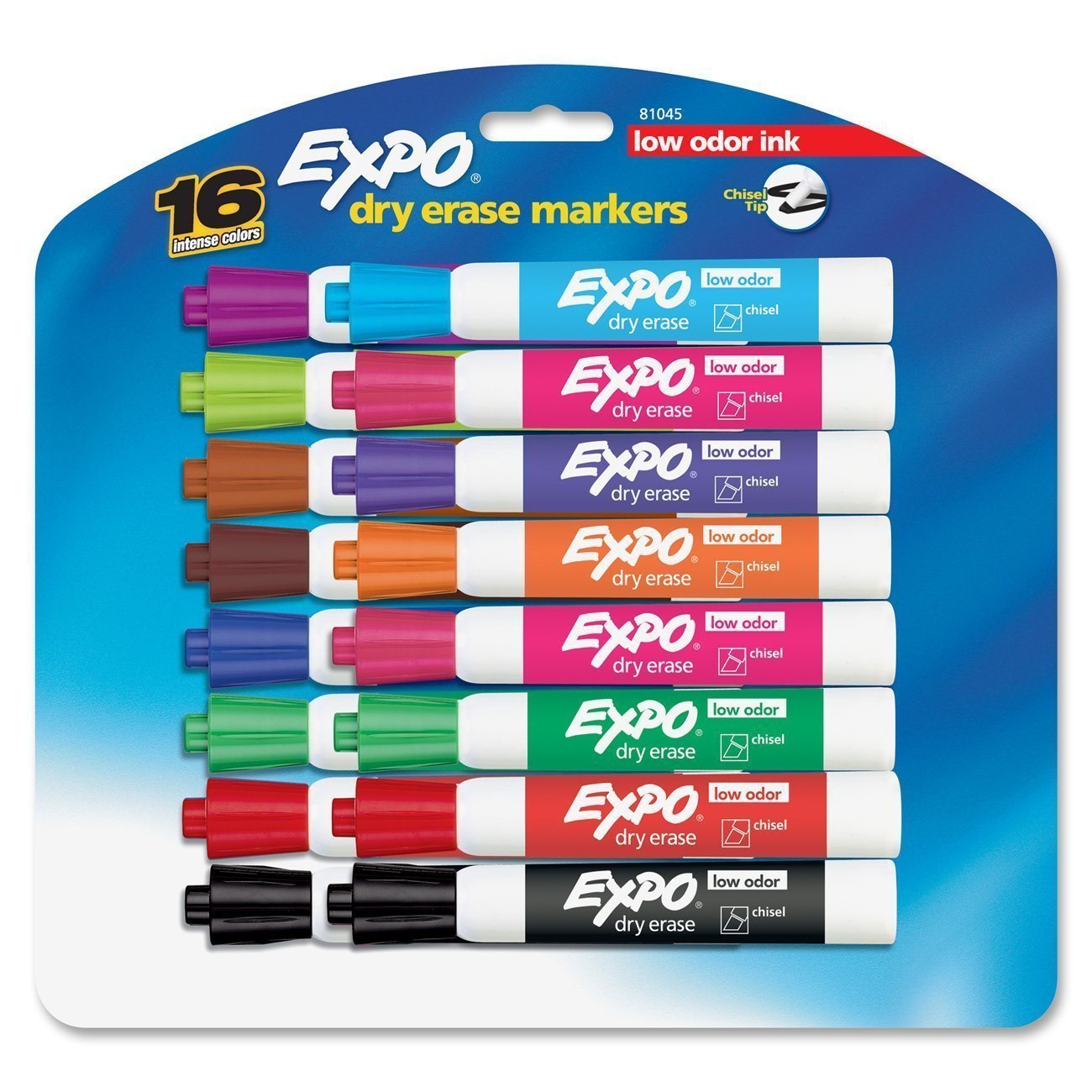 Expo Low Odor Chisel Tip Dry Erase Markers, 16 Colored Markers (81045) Assorted Colors Case of 12 Packs