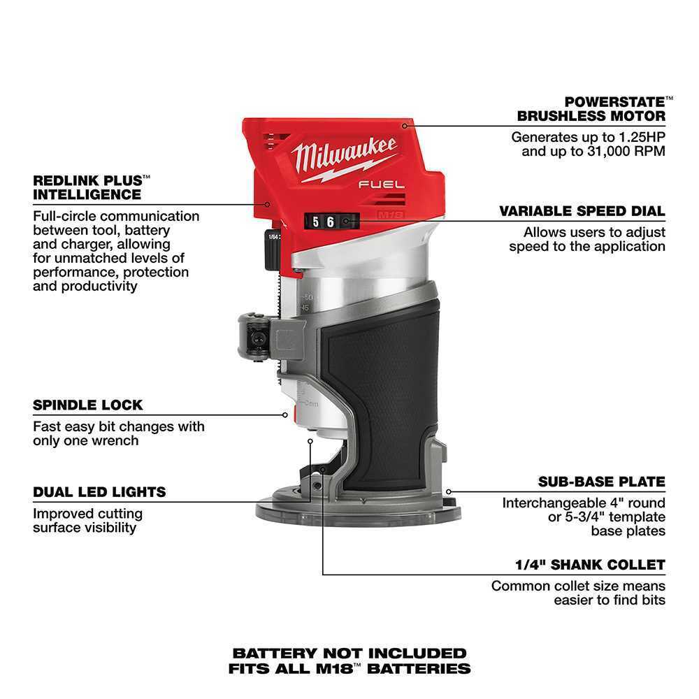 Milwaukee 2723-20 M18 FUEL Cordless Compact Router + (2) 5.0 Ah Batteries thumbnail
