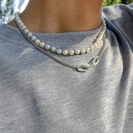Hip Hop Retro Imitation Pearl Men S Necklace  White K Set 2564