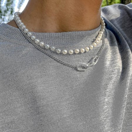 Hip Hop Retro Imitation Pearl Men S Necklace  White K Set 2564