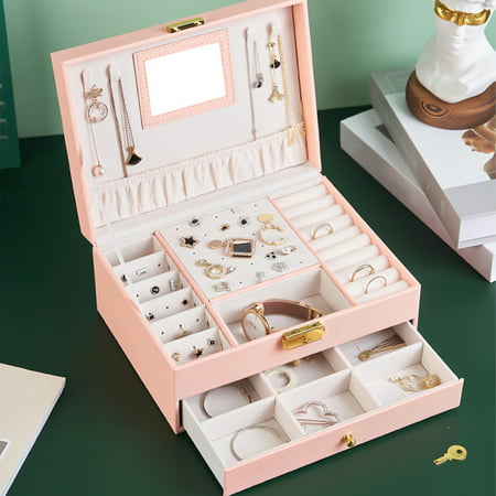 Jewelry Box with Lock and Mirror Jewelry Organizer Storage Case with 2-Layers Display for Earrings Bracelets Rings Watches  Uscallm #4081
