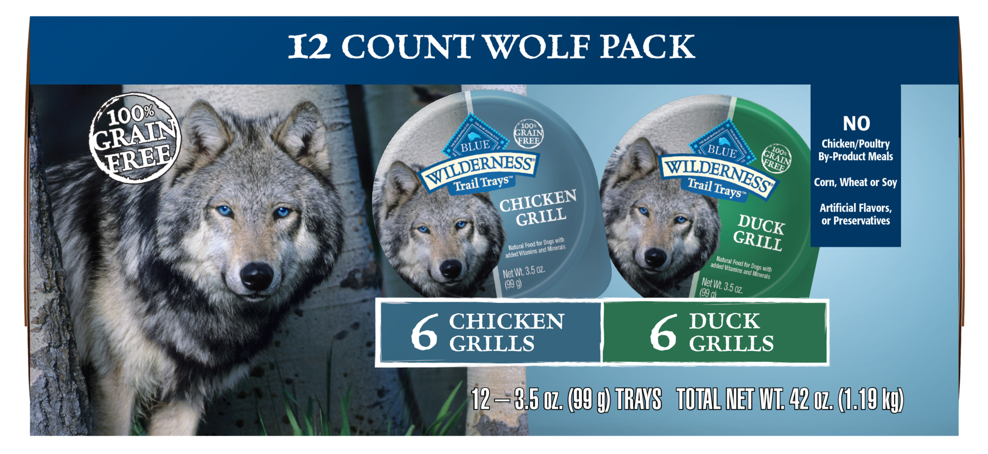 Blue Buffalo Wilderness Trail Trays High Protein Grain Free, Natural Adult Wet Dog Food Cups Variety Pack, Chicken & Duck 3.5-oz (12pack/1case- 6 of E