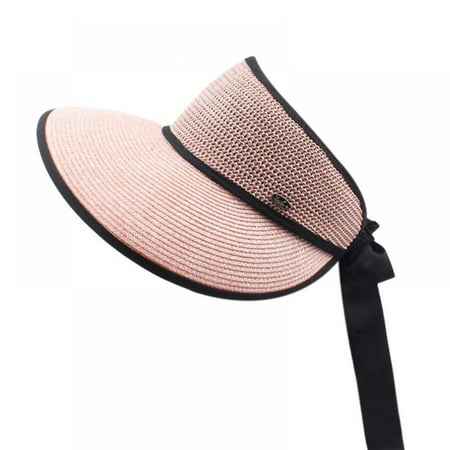 Women Sun Hat Wide Brim Hat Bow Tie-up Sunshade Hat Female Simple Casual Hat Summer Breathable Straw Hat No Top Beach Hat Outdoor Sunscreen Hat