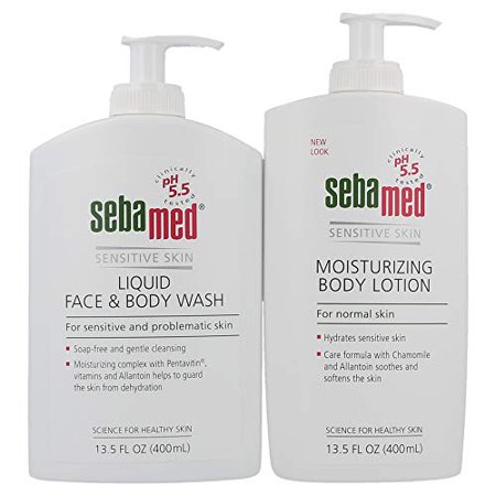 Sebamed Liquid Face and Body Wash and Moisturizing Body Lotion Set PH 5.5 for Sensitive Skin 13.5 Fluid Ounces Each Paraben-Free (400 ML Bottles with 