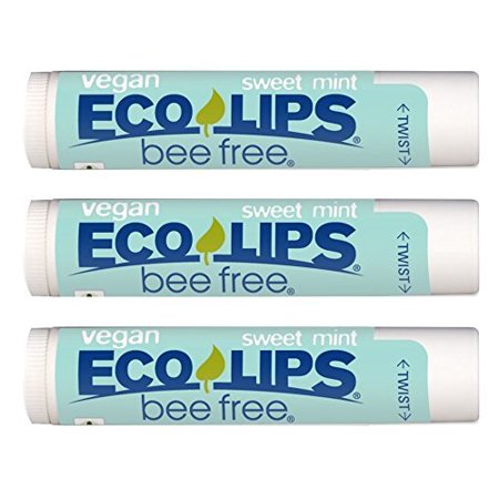 Vegan Lip Balm Sweet Mint by Eco Lips Flavor 3 Pack Natural Bee Free with Candelilla Wax  Organic Cocoa Butter  & Coconut Oil Lip Care. 100% Plastic-F