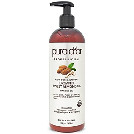 PURA D or Organic Sweet Almond Oil (16oz) USDA Certified 100% Pure & Natural Carrier Oil - Hexane Free - Skin & Face - Facial Polish  Full Body  Massa