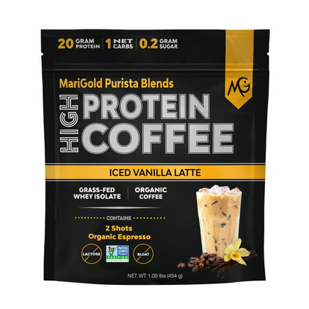 MariGold High Protein Coffee Powder - Iced Vanilla Latte  Grass Fed Whey Protein Isolate  Workout Boost  Organic Espresso