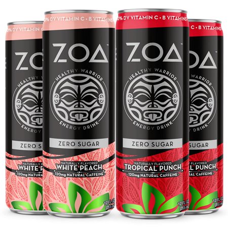 ZOAOurnal Sugar-Free Energy Drink Bundle 12 Fl Oz  (24 Pack) | Healthy Vitamin C  B6 & B12  Natural Caffeine | Tropical Punch  White Peach