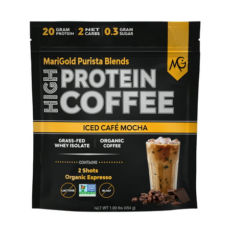 MariGold High Protein Coffee Powder - Iced Café Mocha  20g Grass Fed Whey Protein Isolate  Workout Boost  Organic Espresso  Non-GMO  1 Lb