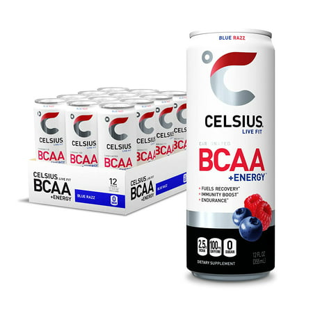 CELSIUS BCAA +Energy Post-Workout Recovery & Hydration Drink 12 Fl Oz  Sparkling Blue Razz (Pack of 12)