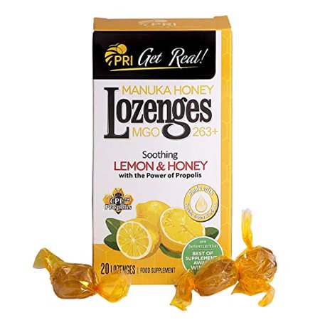 PRI Manuka Honey Lozenges with Propolis  Soothing Cough and Throat Drops  MGO 263+ Certified  Lemon  20 Count