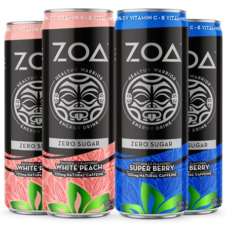 ZOAOurnal Sugar Free Energy Drinks Bundle  12 Fl. Oz. (24 Pack)  White Peach & Super Berry - Supports Immunity  Focus  Hydration  Body & Energy - 120m