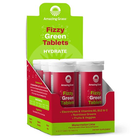 Amazing Grass Electrolyte Tablets Fizzy Greens Water Flavoring Tablet with Vitamins Hydrate Watermelon Lime 60 Count