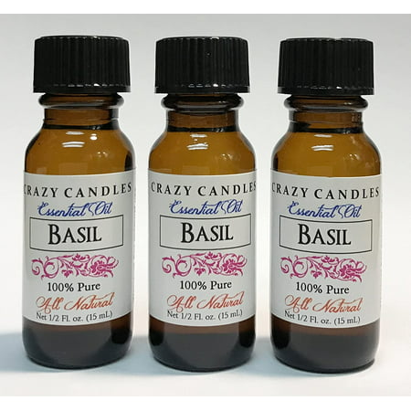 Crazy Candles Basil Essential Oil 3 Bottles 1/2 Fl Oz Each (15ml) 100% Pure All Natural Aromatherapy Grade (a Sweet Licorice-Like Aroma Basil Oil Is V