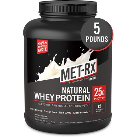 MET-Rx Natural Whey Protein Powder  Vanilla  5 Lb  Easy Mix Protein Powder  25 G Protein  5g BCAAs from Ultra Filtered Whey Protein  for Pre/Post Work
