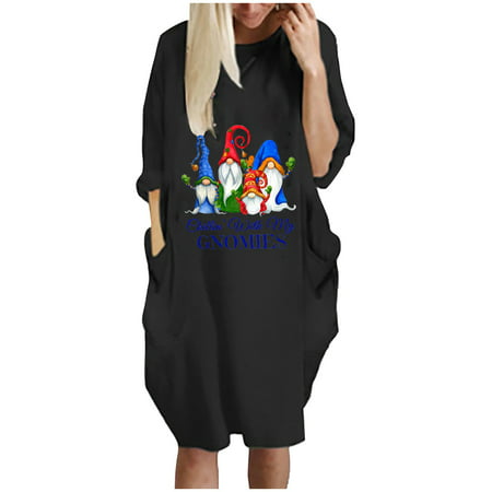 Usupdd Fall Dresses for Women 5999 the Fashion Women S Winter Plus Size Loose O-Neck Pocket Christmas Printed Dress WBB221007-3978