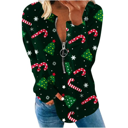 FengLS Women S Casual Christmas V-Neck Long Sleeve T-Shirt Autumn Printing Loose Blouse Zipper Tops 10-Ladies Clothes-07A#6505 Womens Cloth MYFWomen S