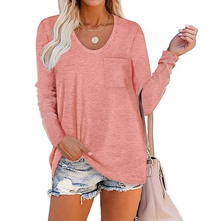 shibever long sleeve basic t shirt for women comfort soft loose fit plain tee blouse tops baggy pink pullover cotton clothing size xl