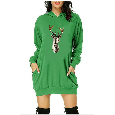 Usupdd Fall Dresses for Women 4973 Fashion Women Christmas Print Hooded Dress Long Sleeves Pockets Sweatshirt Dress WBB221007-2952