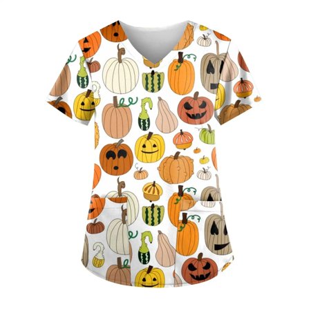 FengLS Women S Fashion Short Sleeve V-Neck Tops Working Uniform Printing Pocket Blouse Tops 10-Ladies Clothes-10A#8532 Womens Clothes MYFWomen S Fashi