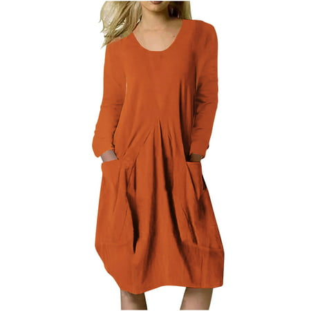 Usupdd Fall Dresses for Women 4722 Women S Spring and Autumn Round Neck Cotton Linen Loose Casual Solid Color Long Sleeve Pocket Dress WBB221007-2701