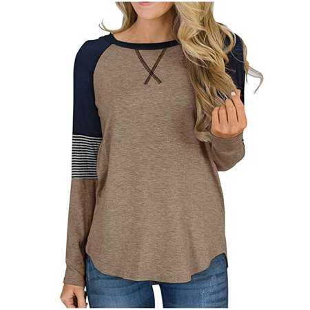 Women S Tops and Blouses  Long Sleeve Tee Shirts for Women Crop Tops Tee Shirts Loose Fit Casual Round Neck Splicing Stripes Color Blouses Leisure Top