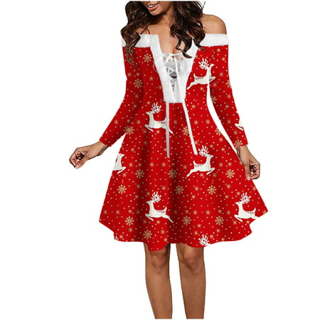 DDgui Fall Dresses for Women 2083 Women Casual Christmas Print Long Sleeve Off Shoulder Knee Dress for Party Mini Dress DDgui WCC220920-6249