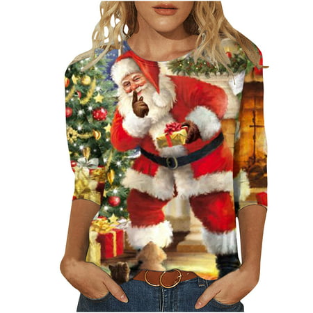 Miximx Women S Casual Loose Crew Neck 3/4 Sleeve Christmas Print Top - 2022 Winter Clothing Women S Casual Loose a-a#14838 Female