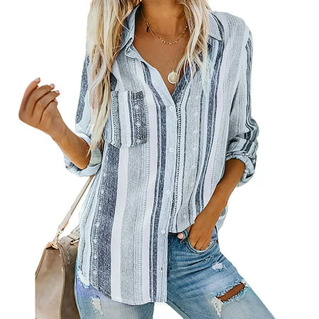 Tokmisa C212 Womens Fashion V Neck Striped Roll up Sleeve Button Down Blouses Tops with Pocket Loose Shirt #We 6222