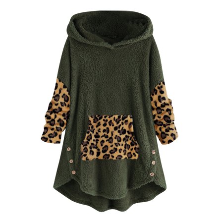 0255 Ladies Warm Hooded Leopard Patchwork Print Plush Irregular Cardigan Jacket Women S Keep Warm Cardigan Hoodies Leopard Patchwork Printed Irregular