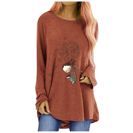 Sentmoom Blouses for Women Fashion 2022  Basic Fitted Shirts O Neck Landscape Printed Tees Long-Sleeves Elegant Basic Tees Pullover Regular Top Classi