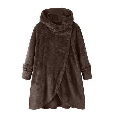 Miximx Women Fashion Button Plush Tops Hooded Loose Cardigan Wool Coat Winter Jacket - Gifts for Women Women Fashion Button a-a#9862 Winter Clothes fo