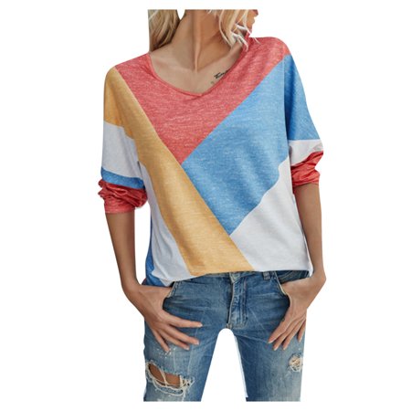 Women S 3323 New Top Clotheswomen S Casual Round Neck Long Sleeve Color Matching Loose Print Blouse Tops Autumn Casual Soft Cozy Top