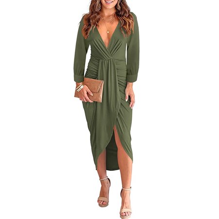Envmenst Autumn Solid Color V-neck Women S Dress Pleated Bag Hip Slit Irregular Dress for Women