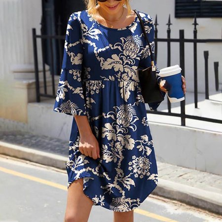 Dresses for Women 7668 Date Night Work Blue Women S Round Neck Printing Flared Quarter F