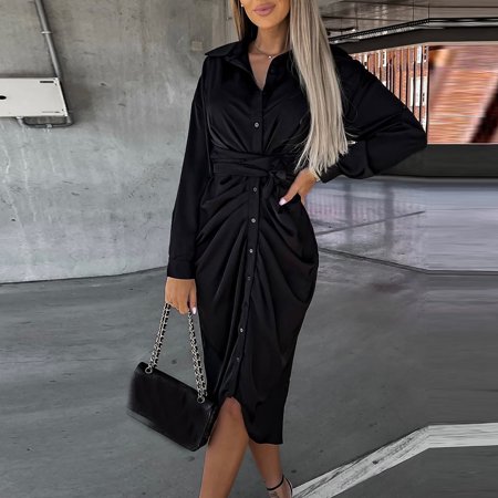 Fall Dresses for Women 8882 Women S Fashion Casual Slim Solid Color Pleated Lapel Shirt Dress TEELON