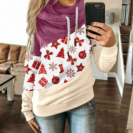 TOKMISA Women Christmas Printed Pullover Hoodies Long Sleeve Drawstring Hooded Tops Sweatshirt Long Sleeve #2658