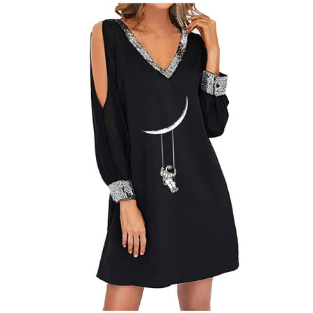 Usupdd Long Sleeve Dress for Women Fashion Women Sexy Casual Printing Strapless V-Neck Long Sleeve Mini Dress WLL221007-2554